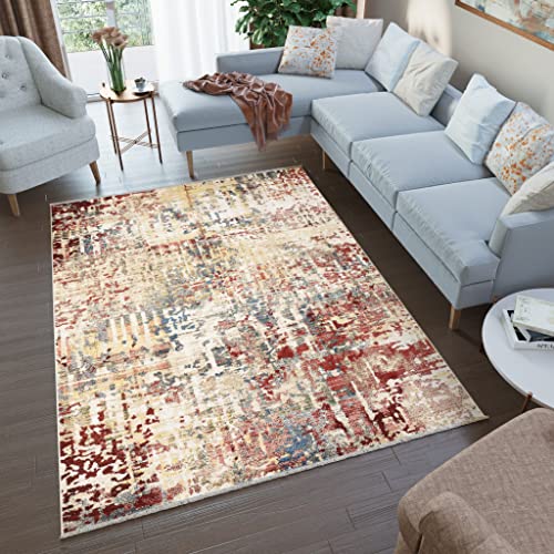 TAPISO Rivoli Teppich Kurzflor Moderner Teppich Fransen Creme Braun Blau Rot Abstrakt Wohnzimmer Schlafzimmer Modern Design ÖKOTEX 240 x 330 cm von TAPISO
