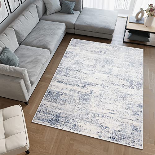 TAPISO Sky Teppich Kurzflor Modern Creme Blau Grau Meliert Design Vintage Wohnzimmer Schlafzimmer Patchwork 3D Optik ÖKOTEX 180 x 250 cm von TAPISO