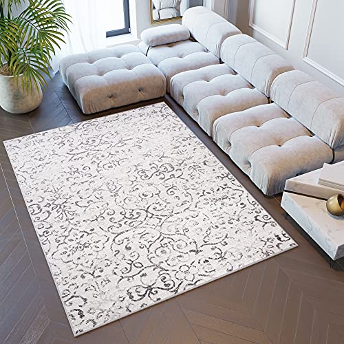 TAPISO Sky Teppich Kurzflor Modern Grau Beige Meliert Verwischt Design Wohnzimmer Schlafzimmer Blumen Muster Vintage ÖKOTEX 140 x 200 cm von TAPISO