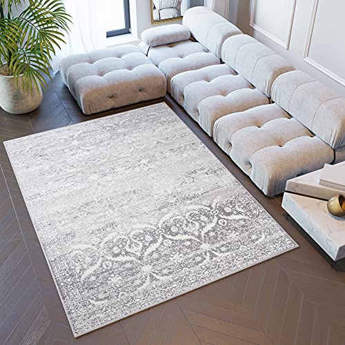 TAPISO Sky Teppich Kurzflor Modern Grau Creme Ornament Floral Design Meliert Vintage Wohnzimmer Schlafzimmer 3D Optik ÖKOTEX 180 x 250 cm von TAPISO