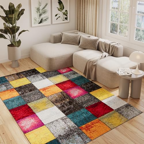 TAPISO Salsa Teppich Kurzflor Bunt Mehrfarbig Modern Geometrisch Figuren Quadrate Design Modern Wohnzimmer Schlafzimmer Jugendzimmer 140 x 190 cm von TAPISO