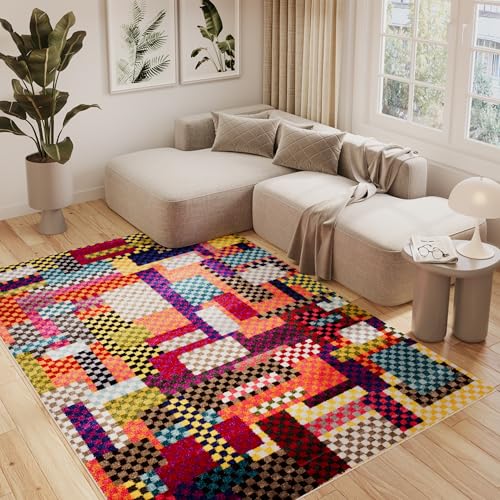 TAPISO Salsa Teppich Kurzflor Mehrfarbig Bunt Abstrakt Vierecke Rechtecke Modern Patchwork Design Wohnzimmer Schlafzimmer 80 x 150 cm von TAPISO
