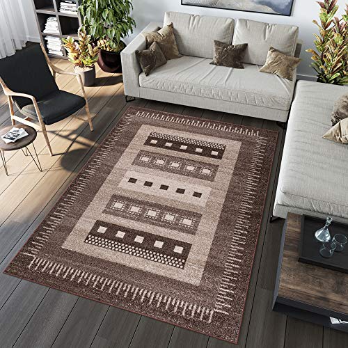 TAPISO Sari Teppich Kurzflor Beige Braun Teppiche Vintage Streifen Karo Design Verwischt Meliert Wohnzimmer Schlafzimmer ÖKOTEX 160 x 220 cm von TAPISO