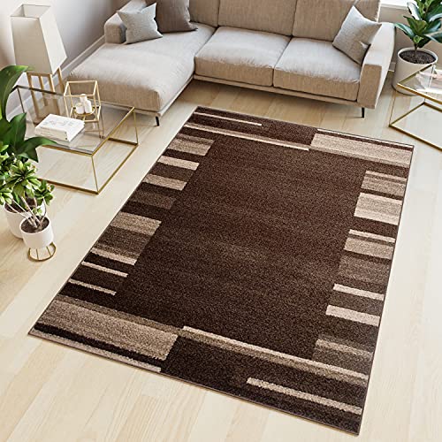 TAPISO Sari Teppich Kurzflor Modern Dunkelbraun Beige Streifen Gestreift Design Bordüre Meliert Verwischt Wohnzimmer Schlafzimmer ÖKOTEX 120 x 170 cm von TAPISO