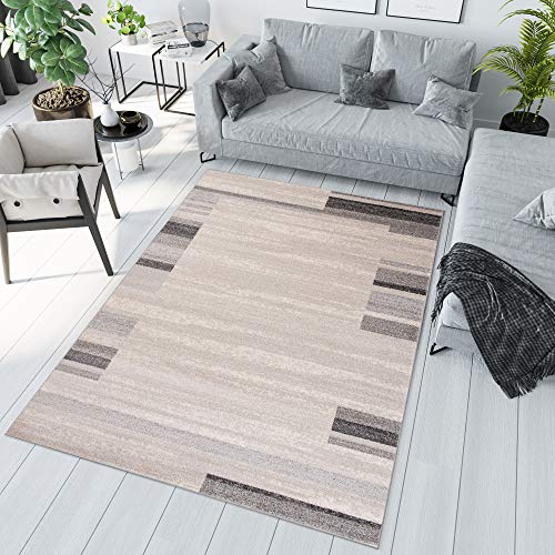 TAPISO Sari Teppich Kurzflor Modern Teppiche Meliert Creme Grau Streifen Linien Design Bordüre Wohnzimmer Schlafzimmer ÖKOTEX 60 x 100 cm von TAPISO