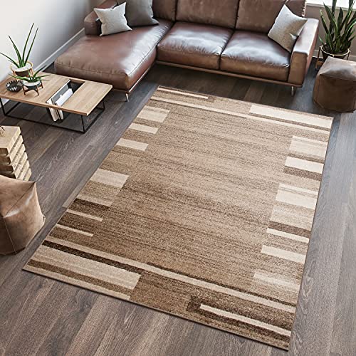 TAPISO Sari Teppich Kurzflor Modern Teppiche Meliert Dunkelbeige Creme Hellbraun Streifen Design Wohnzimmer Schlafzimmer ÖKOTEX 120 x 170 cm von TAPISO