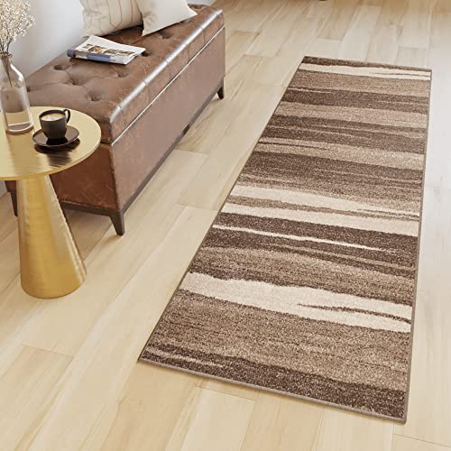 TAPISO Sari Teppich Läufer Flur Dunkelbeige Braun Kurzflor Modern Streifen Meliert Design Meterware Wohnzimmer Schlafzimmer Küche ÖKOTEX 90 x 140 cm von TAPISO