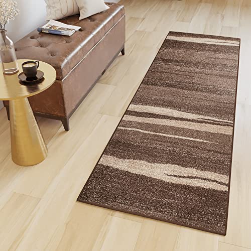 TAPISO Sari Teppich Läufer Flur Dunkelbraun Beige Kurzflor Modern Streifen Design Meterware Wohnzimmer Schlafzimmer Küchenteppich ÖKOTEX 70 x 120 cm von TAPISO