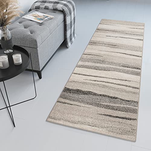 TAPISO Sari Teppich Läufer Flur Grau Beige Kurzflor Modern Streifen Meterware Brücke nach Maß Küche Wohnzimmer Schlafzimmer ÖKOTEX 80 x 310 cm von TAPISO