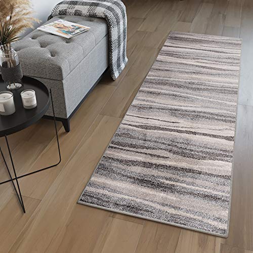 TAPISO Sari Teppich Läufer Flur Grau Beige Kurzflor Modern Streifen Meterware Brücke nach Maß Küche Wohnzimmer Schlafzimmer ÖKOTEX 90 x 180 cm von TAPISO