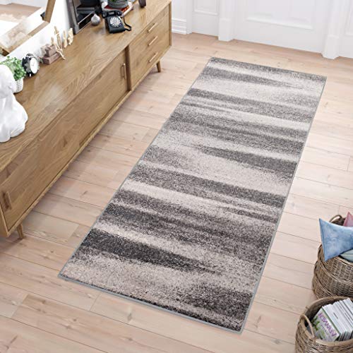 TAPISO Sari Teppich Läufer Flur Grau Taupe Kurzflor Streifen Verwischt Meterware Brücke nach Maß Küche Wohnzimmer Schlafzimmer ÖKOTEX 120 x 240 cm von TAPISO