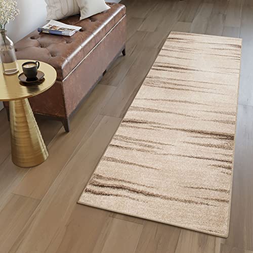 TAPISO Sari Teppich Läufer Flur Meterware Beige Braun Gestreift Modern Kurzflor Küche Wohnzimmer Brücke nach Maß Küchenläufer ÖKOTEX 70 x 220 cm von TAPISO