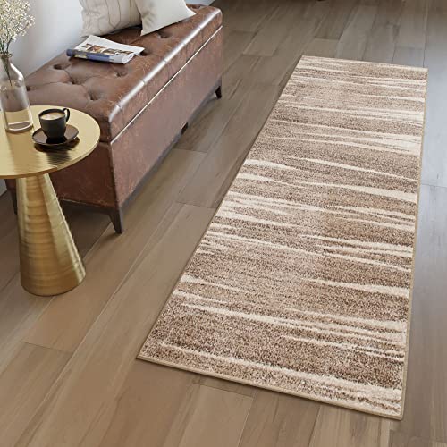 TAPISO Sari Teppich Läufer Flur Meterware Dunkelbeige Braun Gestreift Kurzflor Küche Wohnzimmer Brücke nach Maß Küchenläufer ÖKOTEX 80 x 400 cm von TAPISO