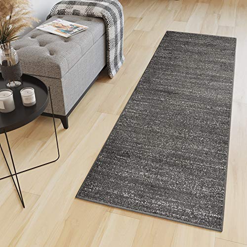 TAPISO Sari Teppich Läufer Flur Schwarz Meterware Kurzflor Küche Wohnzimmer Schlafzimmer Küchenläufer Korridor Brücke nach Maß ÖKOTEX 100 x 650 cm von TAPISO