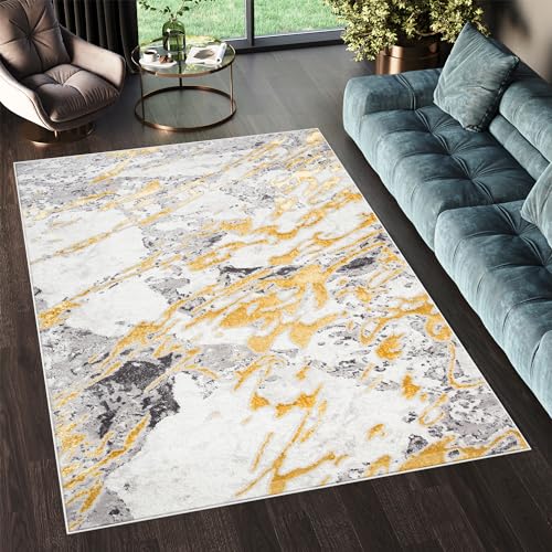 TAPISO Shine Teppich Kurzflor Creme Grau Schwarz Gold Streifen Abstrakt Wohnzimmer Schlafzimmer 3D Optik Modern Design ÖKOTEX 80 x 150 cm von TAPISO