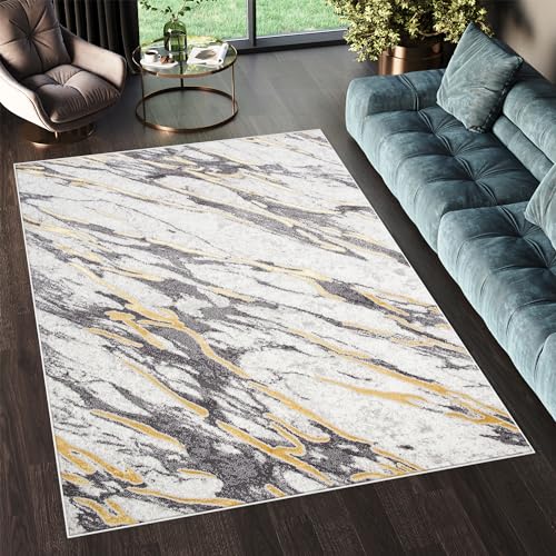 TAPISO Shine Teppich Kurzflor Abstrakt Creme Grau Gold Marmor Wohnzimmer Schlafzimmer 3D Optik Modern Design ÖKOTEX 140 x 200 cm von TAPISO