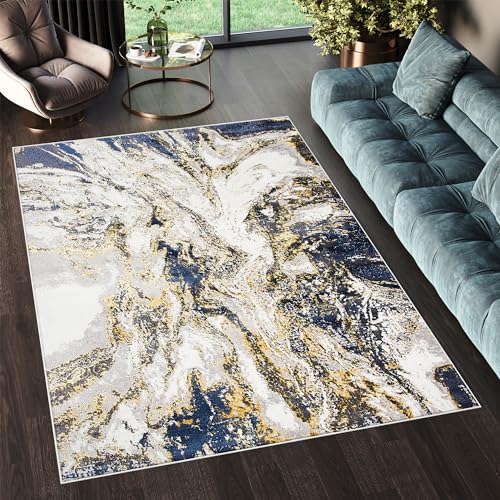 TAPISO Shine Teppich Kurzflor Abstrakt Grau Blau Gold Marmor Wohnzimmer Schlafzimmer 3D Optik Modern Design ÖKOTEX 80 x 150 cm von TAPISO