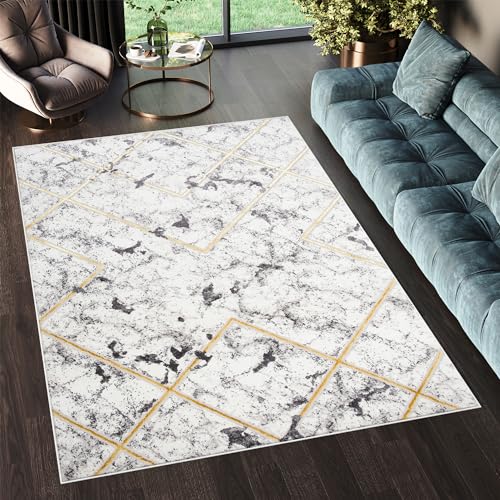 TAPISO Shine Teppich Kurzflor Creme Grau Golden Geometrisch Linien Viereck Wohnzimmer Schlafzimmer 3D Optik Modern Design ÖKOTEX 140 x 200 cm von TAPISO