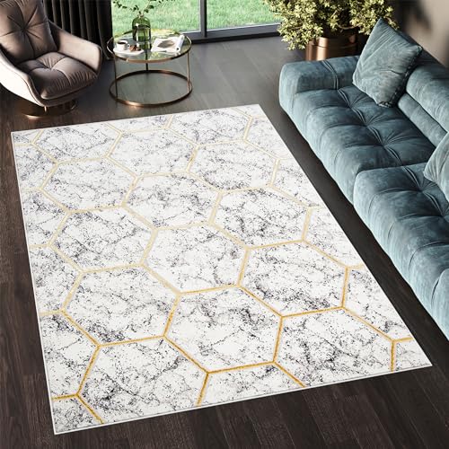 TAPISO Shine Teppich Kurzflor Creme Grau Goldene Linien Marmor Geometrisch Hexagon Wohnzimmer Schlafzimmer 3D Optik Modern Design ÖKOTEX 120 x 170 cm von TAPISO