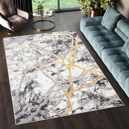 TAPISO Shine Teppich Kurzflor Creme Grau Hellgrau Gold Marmoreffekt Wohnzimmer Schlafzimmer 3D Optik Modern Design ÖKOTEX 160 x 220 cm von TAPISO