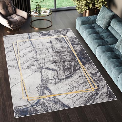 TAPISO Shine Teppich Kurzflor Dunkelgrau Hellgrau Goldene Linien Rahmen Wohnzimmer Schlafzimmer 3D Optik Modern Design ÖKOTEX 80 x 150 cm von TAPISO