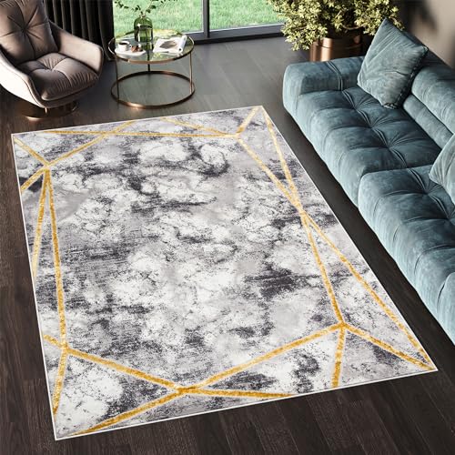 TAPISO Shine Teppich Kurzflor Geometrisch Grau Dunkelgrau Goldene Linien Wohnzimmer Schlafzimmer 3D Optik Modern Design ÖKOTEX 80 x 150 cm von TAPISO