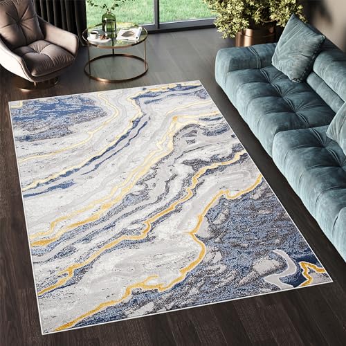 TAPISO Shine Teppich Kurzflor Grau Hellgrau Blau Gold Marmor Wohnzimmer Schlafzimmer 3D Optik Modern Design ÖKOTEX 160 x 220 cm von TAPISO
