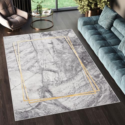 TAPISO Shine Teppich Kurzflor Grau Hellgrau Goldene Linien Design Wohnzimmer Schlafzimmer 3D Optik Modern Design ÖKOTEX 300 x 400 cm von TAPISO