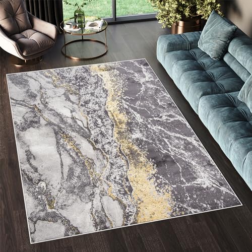 TAPISO Shine Teppich Kurzflor Hellgrau Dunkelgrau Gold Marmor Wohnzimmer Schlafzimmer 3D Optik Modern Design ÖKOTEX 80 x 150 cm von TAPISO
