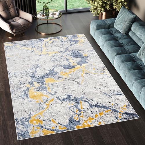 TAPISO Shine Teppich Kurzflor Hellgrau Gold Marmor Design Wohnzimmer Schlafzimmer 3D Optik Modern Design ÖKOTEX 120 x 170 cm von TAPISO