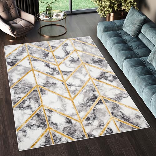 TAPISO Shine Teppich Kurzflor Hellgrau Goldene Linien Marmor Geometrisch Figuren Wohnzimmer Schlafzimmer 3D Optik Modern Design ÖKOTEX 160 x 220 cm von TAPISO