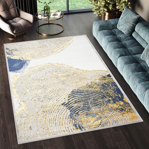 TAPISO Shine Teppich Kurzflor Creme Blau Gold Abstrakt Marmor Linien Wohnzimmer Schlafzimmer 3D Optik Modern Design ÖKOTEX 180 x 250 cm von TAPISO