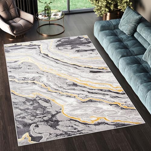 TAPISO Shine Teppich Kurzflor Dunkelgrau Hellgrau Gold Marmor Wohnzimmer Schlafzimmer 3D Optik Modern Design ÖKOTEX 200 x 300 cm von TAPISO