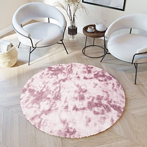 TAPISO Silk Dyed Rund Teppich Kurzflor rutschfest Rosa Pink Gefärbt Modern Abstrakt Meliert Verwischt Design Wohnzimmer Schlafzimmer 130 x 130 cm von TAPISO