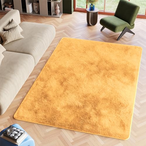 TAPISO Silk Teppich Shaggy rutschfest Senfgelb Einfarbig Antirutsch Hochflor Langflor Modern Schlafzimmer Wohnzimmer Bedvorleger ÖKO-TEX 140 x 200 cm von TAPISO