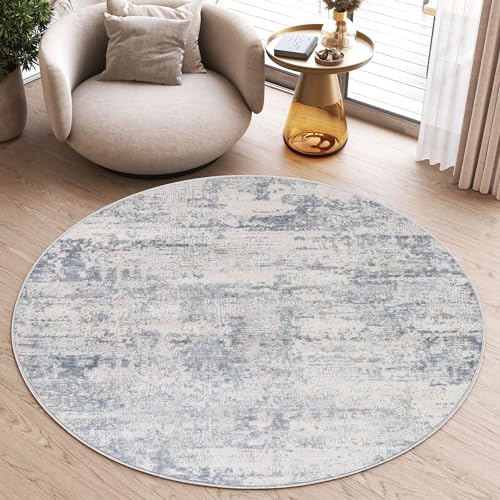 TAPISO Sky Rund Teppich Kurzflor Modern Creme Blau Grau Meliert Design Vintage Wohnzimmer Schlafzimmer Patchwork 3D Optik ÖKOTEX 80 x 80 cm von TAPISO