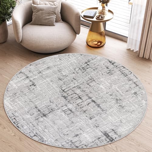 TAPISO Sky Rund Teppich Kurzflor Modern Grau Creme Karo Streifen Design Meliert Wohnzimmer Schlafzimmer 3D Effekt ÖKOTEX 240 x 240 cm von TAPISO