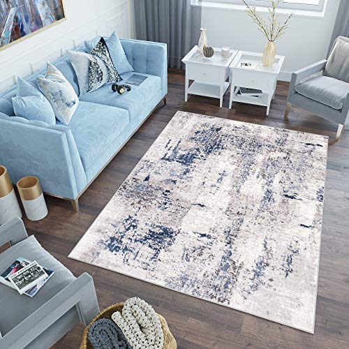 TAPISO Sky Teppich Kurzflor Modern Beige Blau Grau Hellgrau Vintage Meliert Verwischt Design Wohnzimmer Schlafzimmer 3D Optik ÖKOTEX 180 x 250 cm von TAPISO