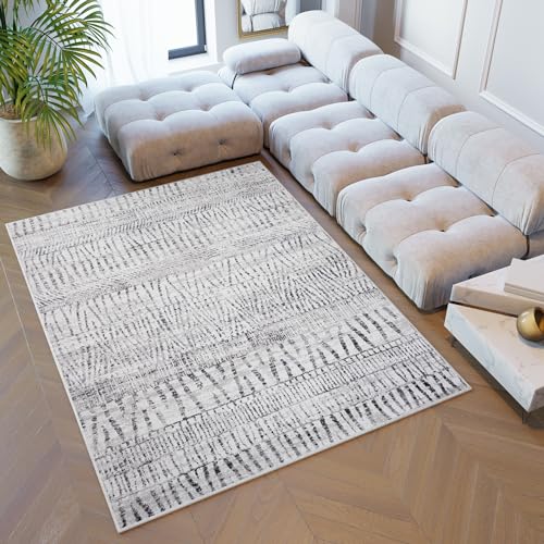 TAPISO Sky Teppich Kurzflor Modern Beige Grau Streifen Meliert Design Wohnzimmer Schlafzimmer 3D Effekt ÖKOTEX 200 x 300 cm von TAPISO