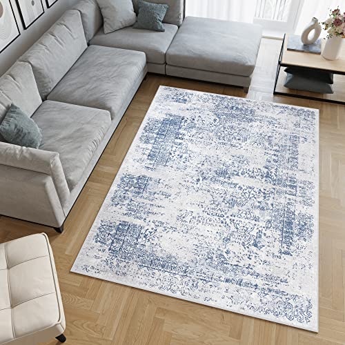 TAPISO Sky Teppich Kurzflor Modern Creme Blau Ornament Meliert Design Vintage Wohnzimmer Schlafzimmer 3D Effekt ÖKOTEX 160 x 220 cm von TAPISO