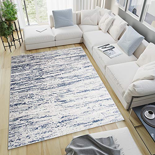 TAPISO Sky Teppich Kurzflor Modern Creme Blau Streifen Meliert Design Vintage Wohnzimmer Schlafzimmer 3D Optik ÖKOTEX 160 x 220 cm von TAPISO