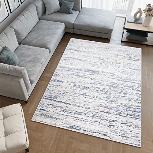 TAPISO Sky Teppich Kurzflor Modern Creme Grau Blau Vintage Streifen Meliert Verwischt Design Wohnzimmer Schlafzimmer 3D Optik ÖKOTEX 120 x 170 cm von TAPISO