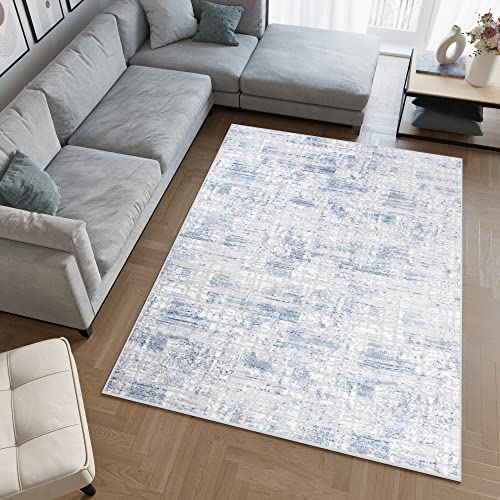 TAPISO Sky Teppich Kurzflor Modern Grau Creme Blau Streifen Patchwork Design Meliert Vintage Wohnzimmer Schlafzimmer 3D Optik ÖKOTEX 200 x 300 cm von TAPISO