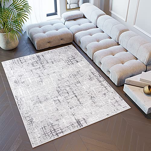 TAPISO Sky Teppich Kurzflor Modern Grau Creme Karo Streifen Design Meliert Wohnzimmer Schlafzimmer 3D Effekt ÖKOTEX 250 x 350 cm von TAPISO