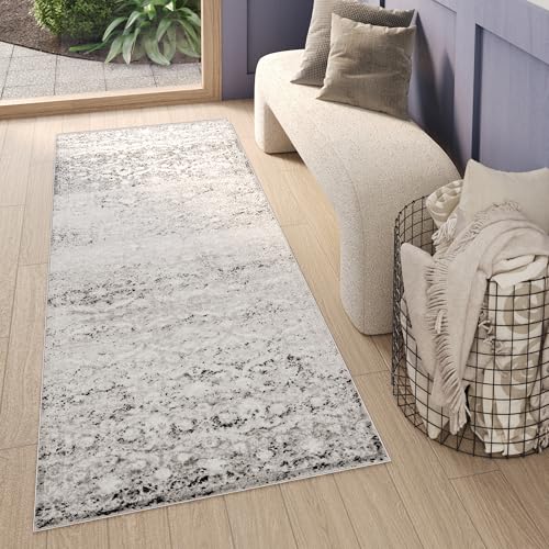 TAPISO Sky Teppichläufer Kurzflor Modern Grau Creme Ornament Floral Design Meliert Vintage Wohnzimmer Schlafzimmer 3D Optik ÖKOTEX 100 x 150 cm von TAPISO