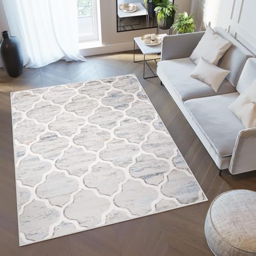 TAPISO Teppich Valley Teppich Kurzflor Grau Beige Blau Mehrfarbig Kleeblatt Marokkanisch Schlafzimmer Wohnzimmer ÖKO-TEX 80 x 150 cm von TAPISO