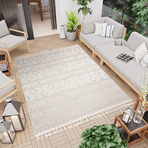 TAPISO Timber Teppich Outdoor Beige Creme Terasse Balkon Sisaloptik mit Fransen Geometrisch Boho Design Küche Indoor Wetterfest ÖKO-TEX 120 x 170 cm von TAPISO