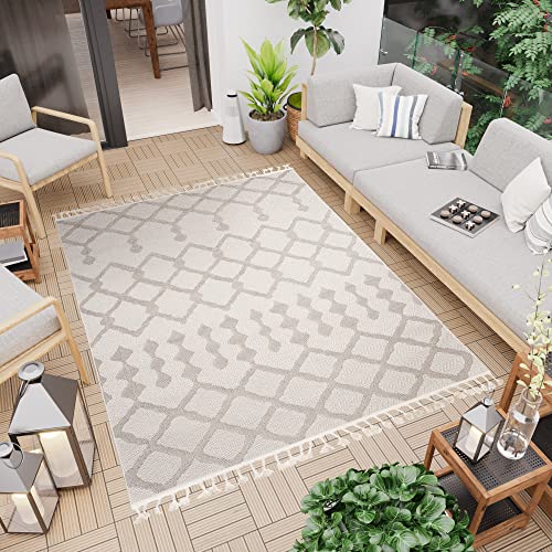 TAPISO Timber Teppich Outdoor Creme Terasse Balkon Indoor Sisaloptik mit Fransen Geometrisch Flachgewebe Wetterfest UV-Beständig ÖKO-TEX 160 x 220 cm von TAPISO