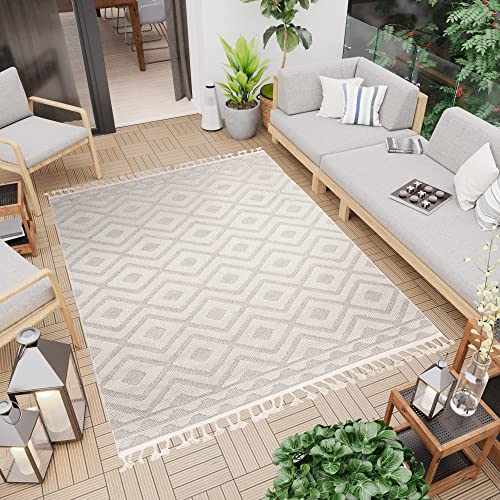 TAPISO Timber Teppich Outdoor Creme Terasse Balkon Sisaloptik mit Fransen Boho Design Flachgewebe Indoor Wetterfest UV-Beständig ÖKO-TEX 140 x 200 cm von TAPISO