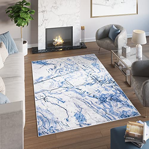 TAPISO Toscana Teppich Bedruckter Teppich Blau Grau Abstrakt Marmor Waschbar rutschfest Wohnzimmer Schlafzimmer Büro Modern Design 140 x 200 cm von TAPISO